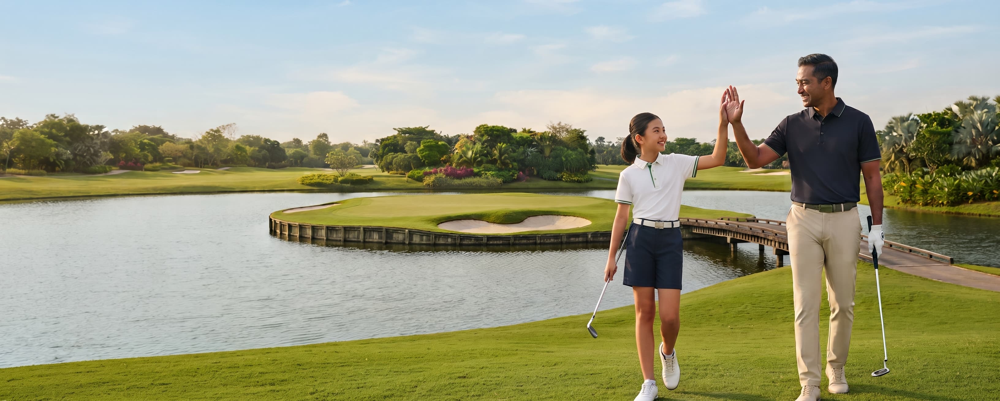 A golfer and a junior sharing a high five beside a golf course