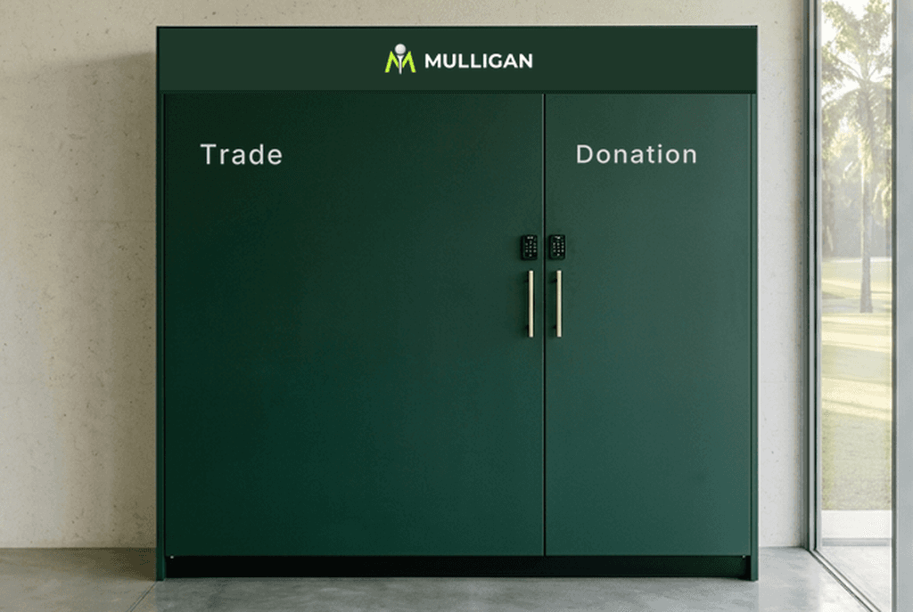 The Mulligan Locker at a clubhouse: a green two-door cabinet with a Trade door and a Donation door