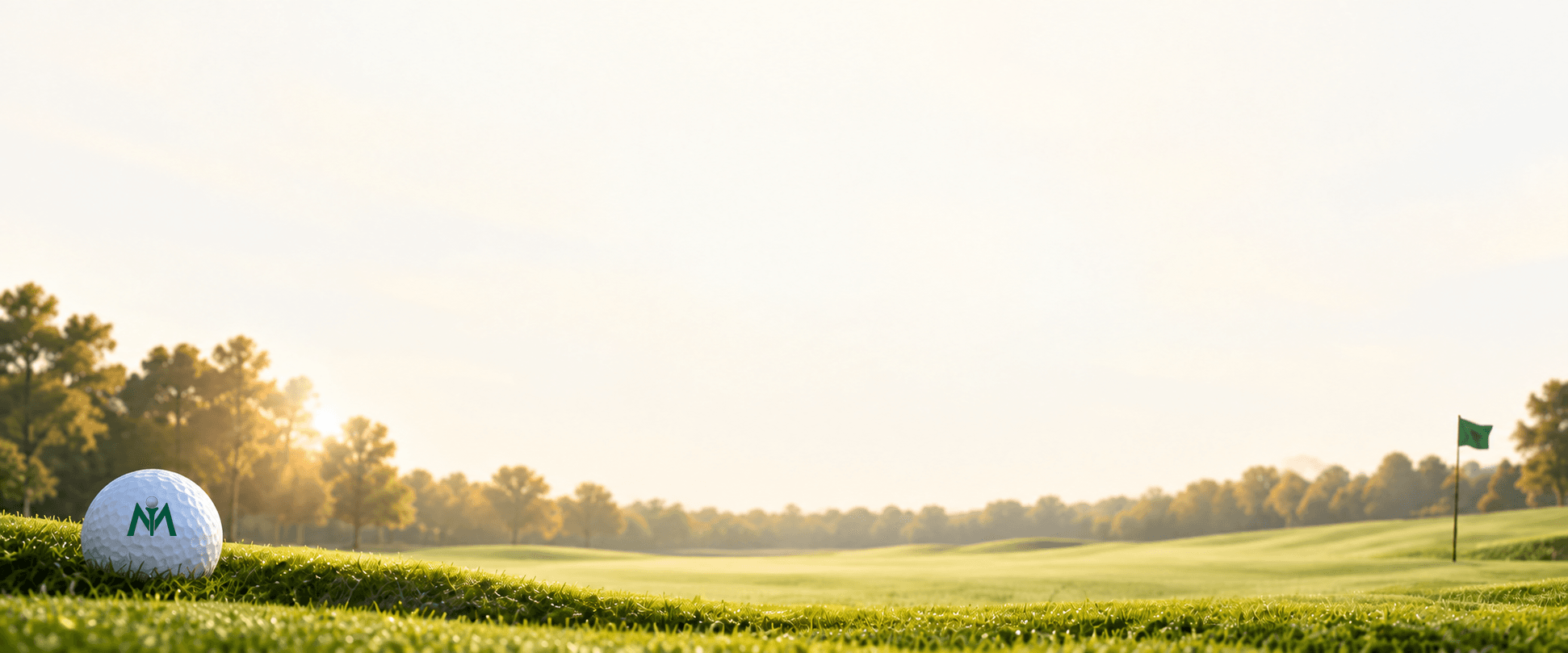 A white Mulligan golf ball resting on the grass at sunset